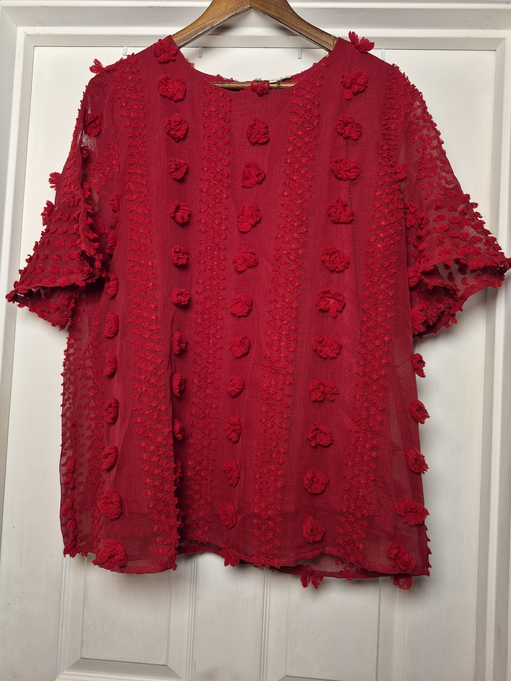 Entro Red Textured Pom-Pom Short Sleeve Women's Top Xl